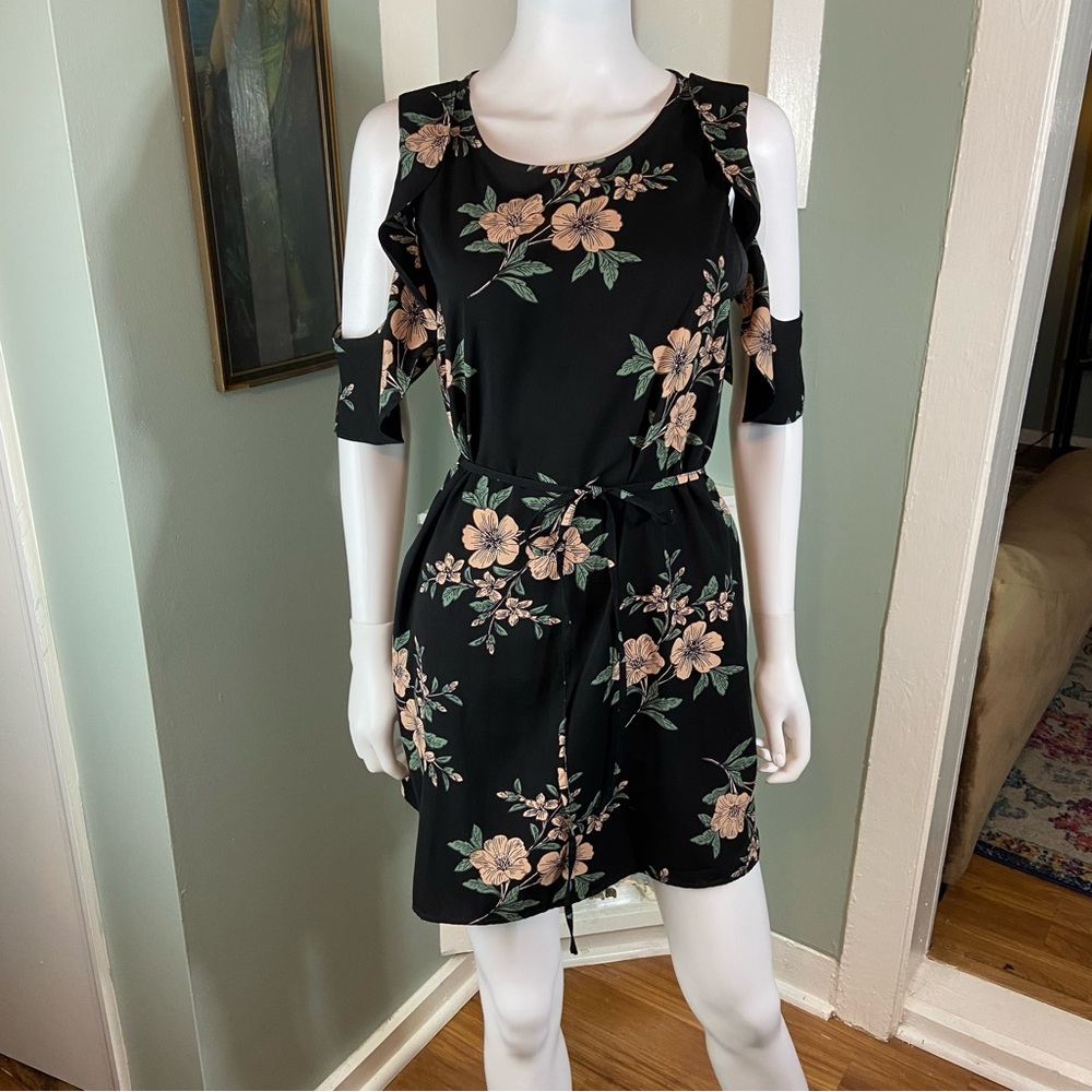 3/$12 Forever 21 Black Floral Mini Belted Shift Dress Off Cold Shoulder Cutouts